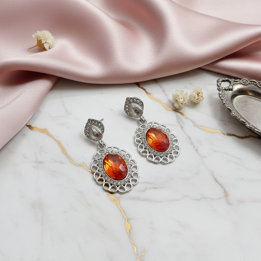 Orange Silver Metal Earrings