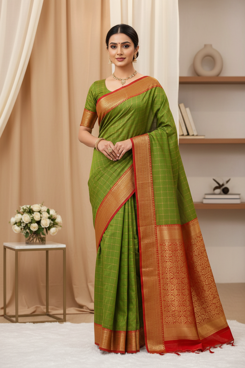 Parrot Green Checked saree