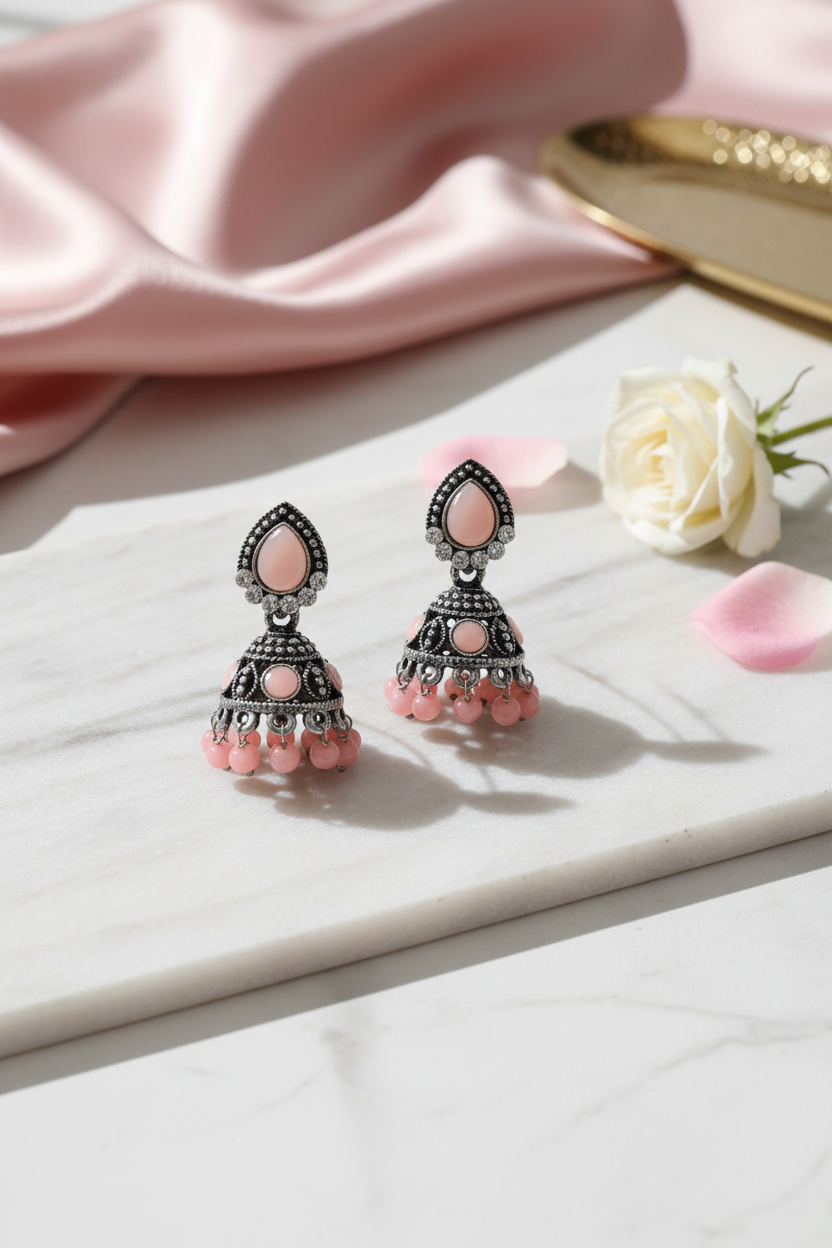 Peach Black Metal Jhumkas 
