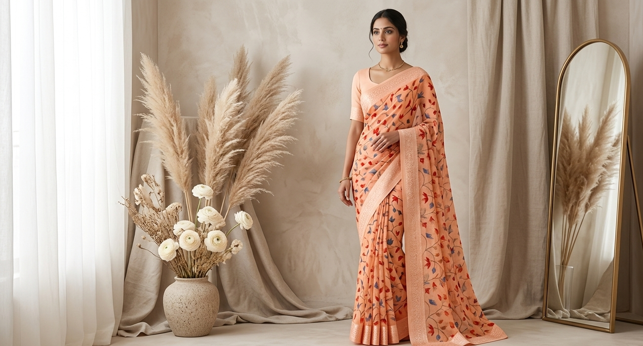 Peach Fancy Cotton Saree