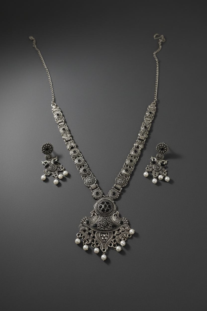 Pearl drops Oxidised Necklace 