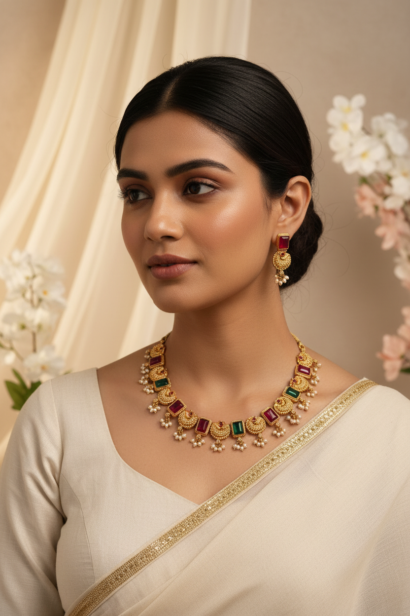Pearl drops peacock necklace 