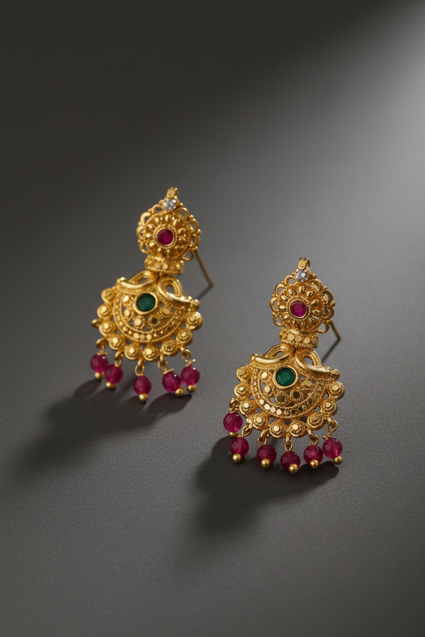 Pink Crystal Drop Gold Earrings