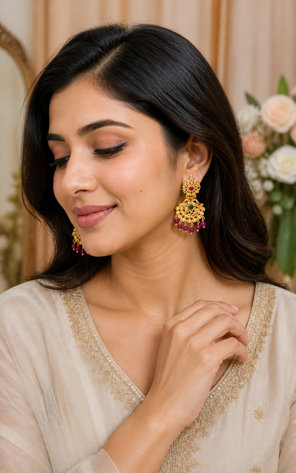 Pink Crystal Drop Gold Earrings