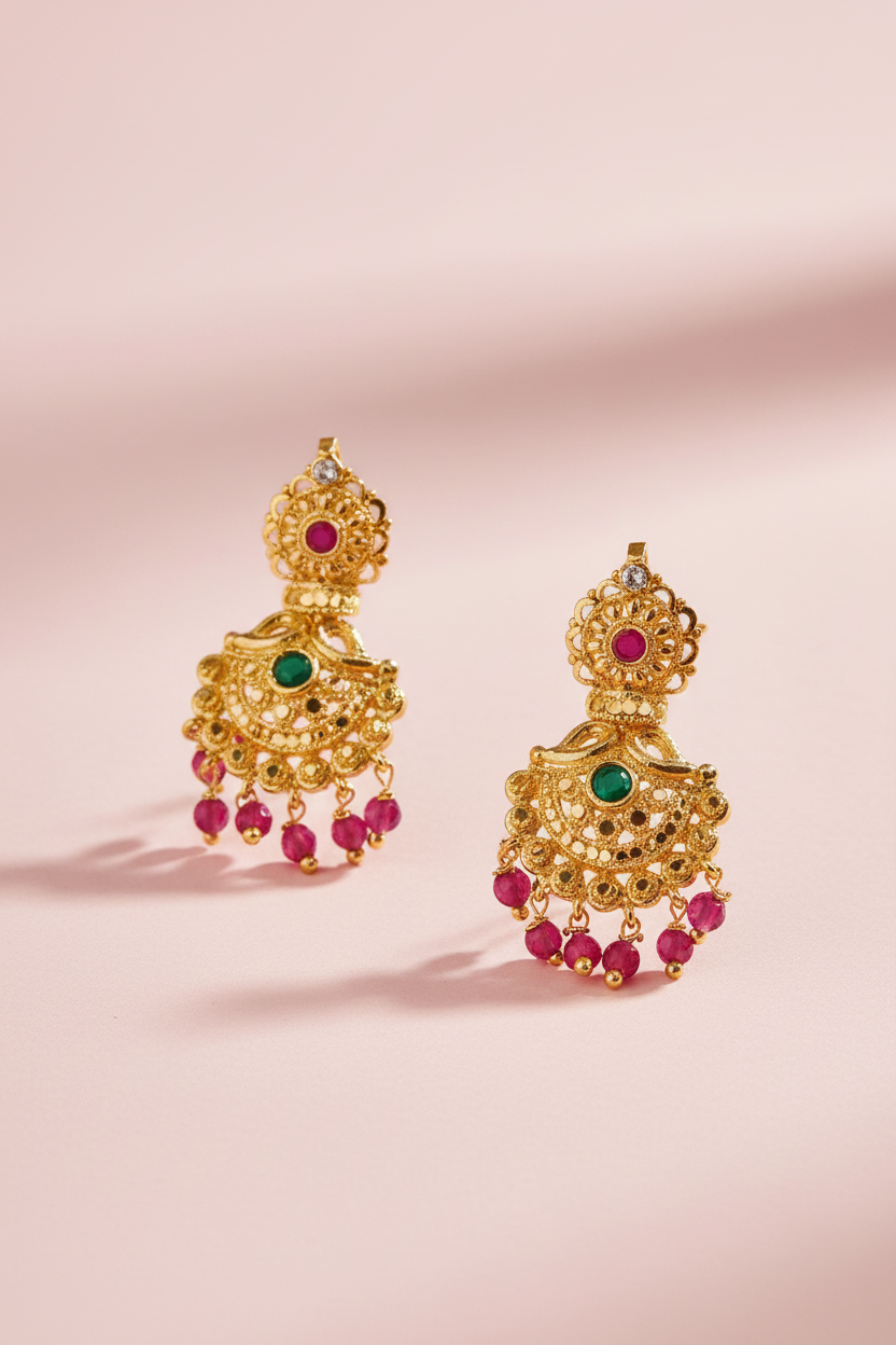 Pink Crystal Drop Gold Earrings