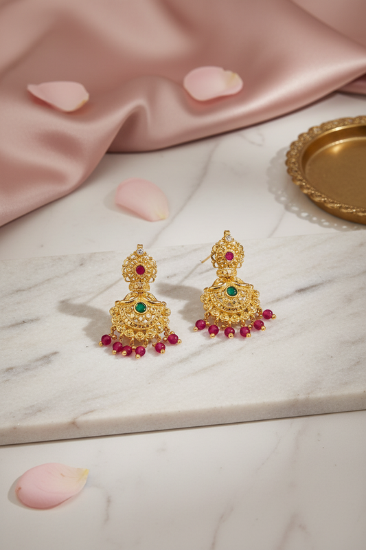 Pink Crystal Drop Gold Earrings