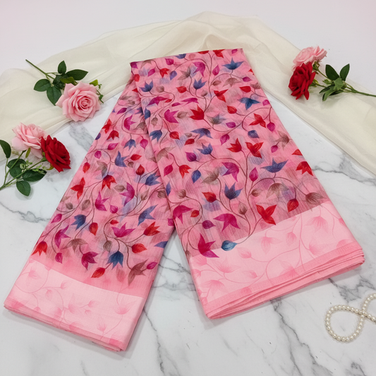 Pink Floral Cotton Saree