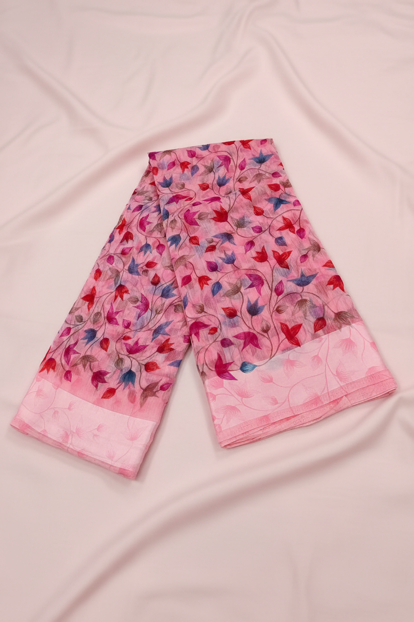 Pink Floral Cotton Saree