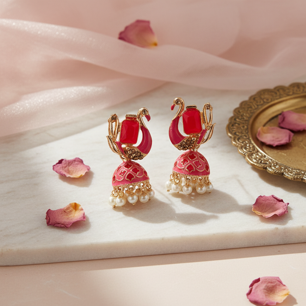 Pink Meenakari Peacock Jhumka