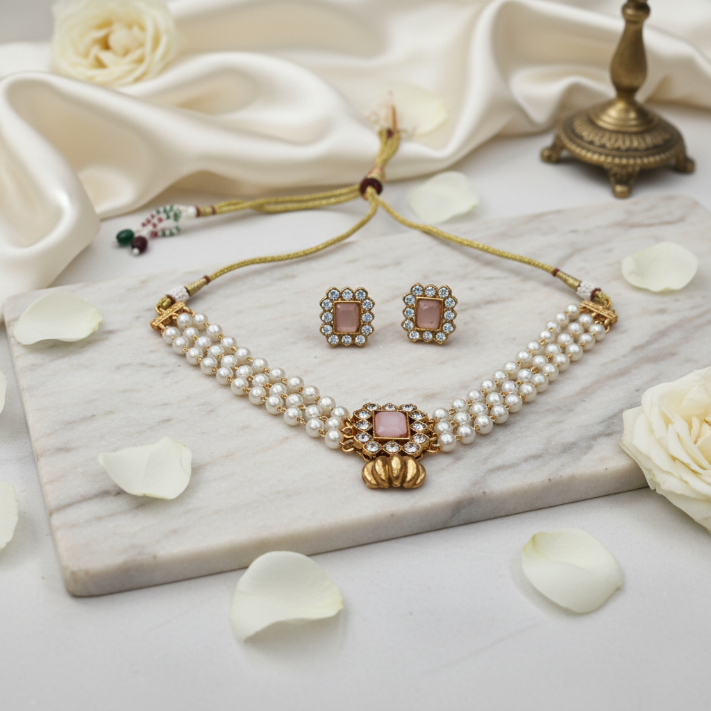Pink Stone Pearl Choker