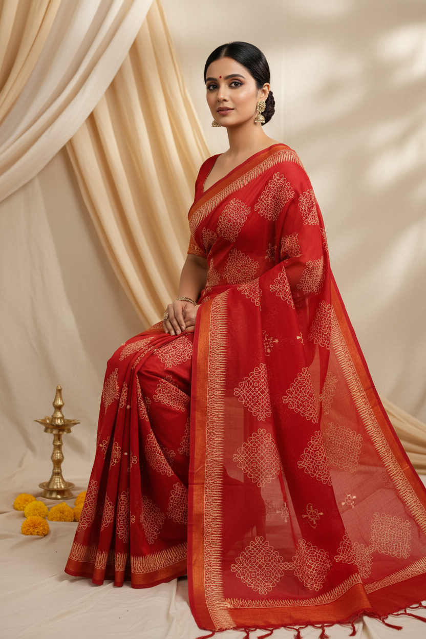 Rangoli Red Cotton Saree 