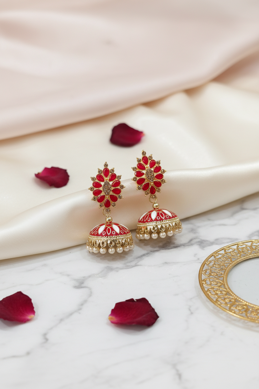 Red Meenakari Jhumkas 