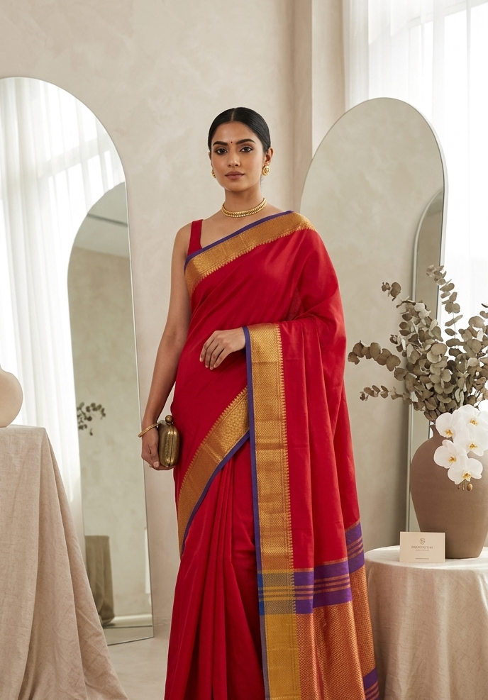 Red Plain Fancy Cotton Saree