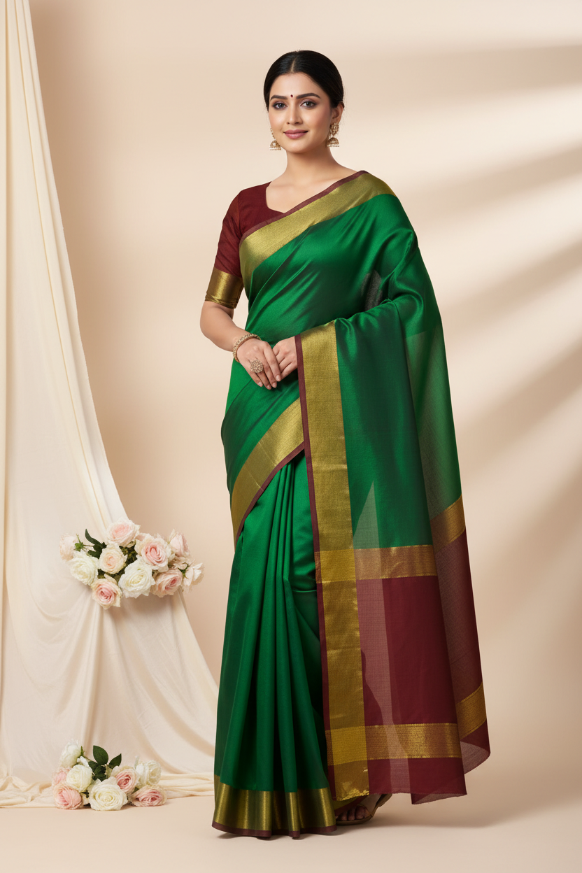 Red border poly Saree 