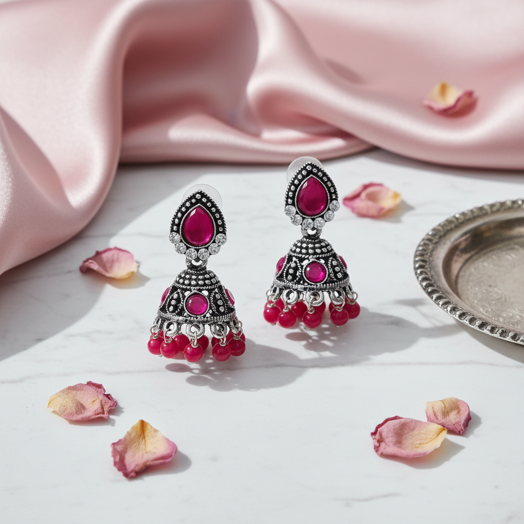 Silver Pink Stone Jhumka