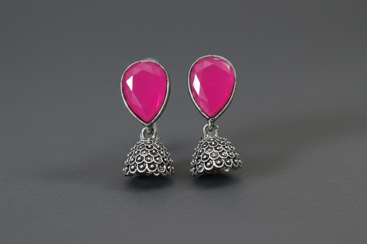 Silver Pink Stone Jhumka