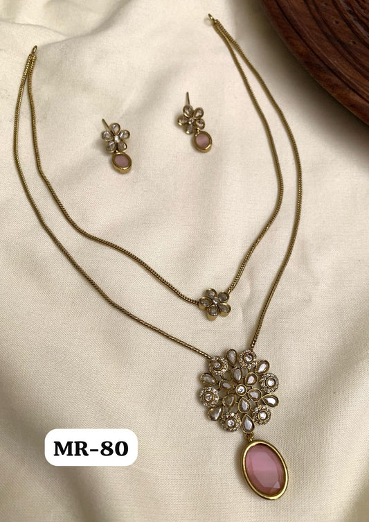 Pink Elegant 2 Layer Pendant Chain With Earrings