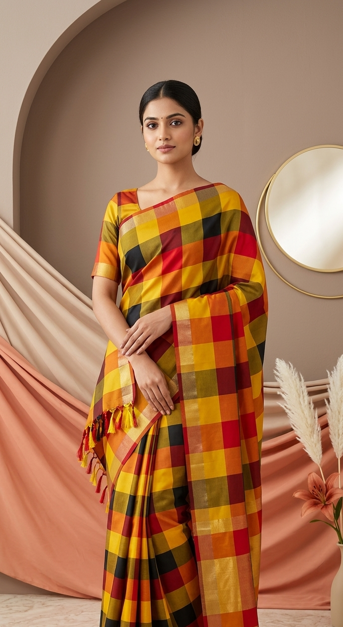 Yellow Fancy Checks Saree