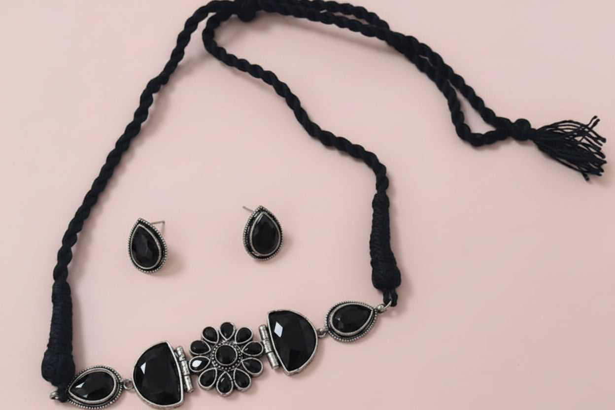 black Oxidised Floral Choker