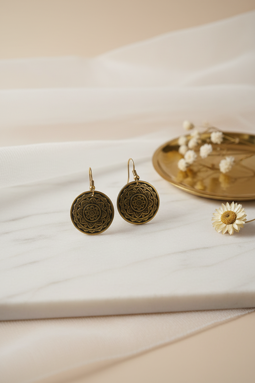 Gold Floral Round Earrings