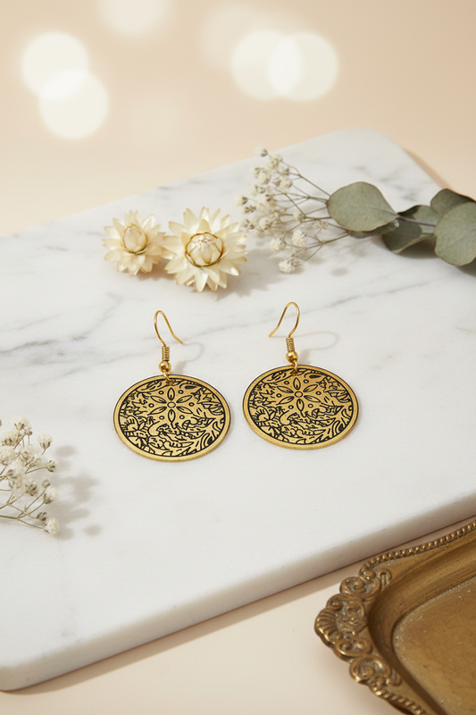 Gold Round Floral Earrings