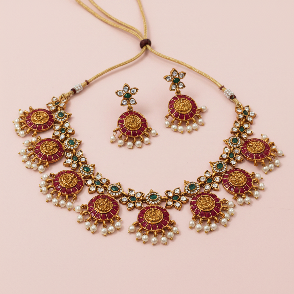 Lakshmi Temple Matte Necklace Multicolor 