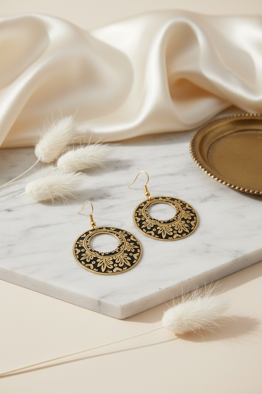 Gold Floral Round Earrings