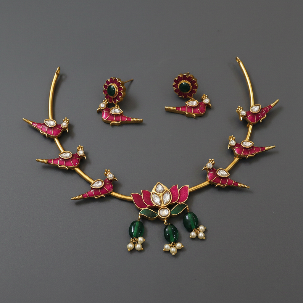 Pink Bird and Lotus Necklace 