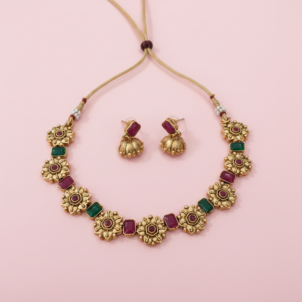 Red Floral Matte Necklace 