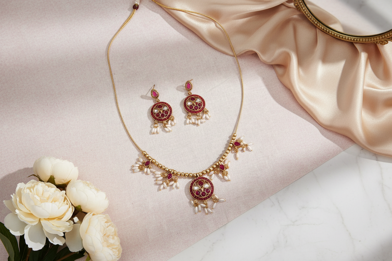 Red Kemp Rice pearl Necklace 