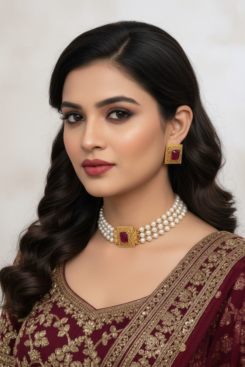 Red Square Pearl Choker 