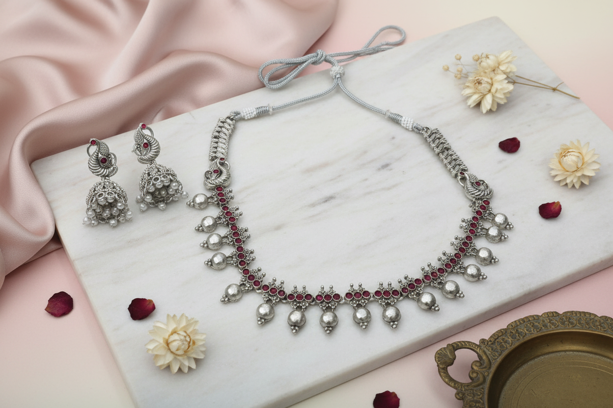 Ruby Oxidised Necklace 