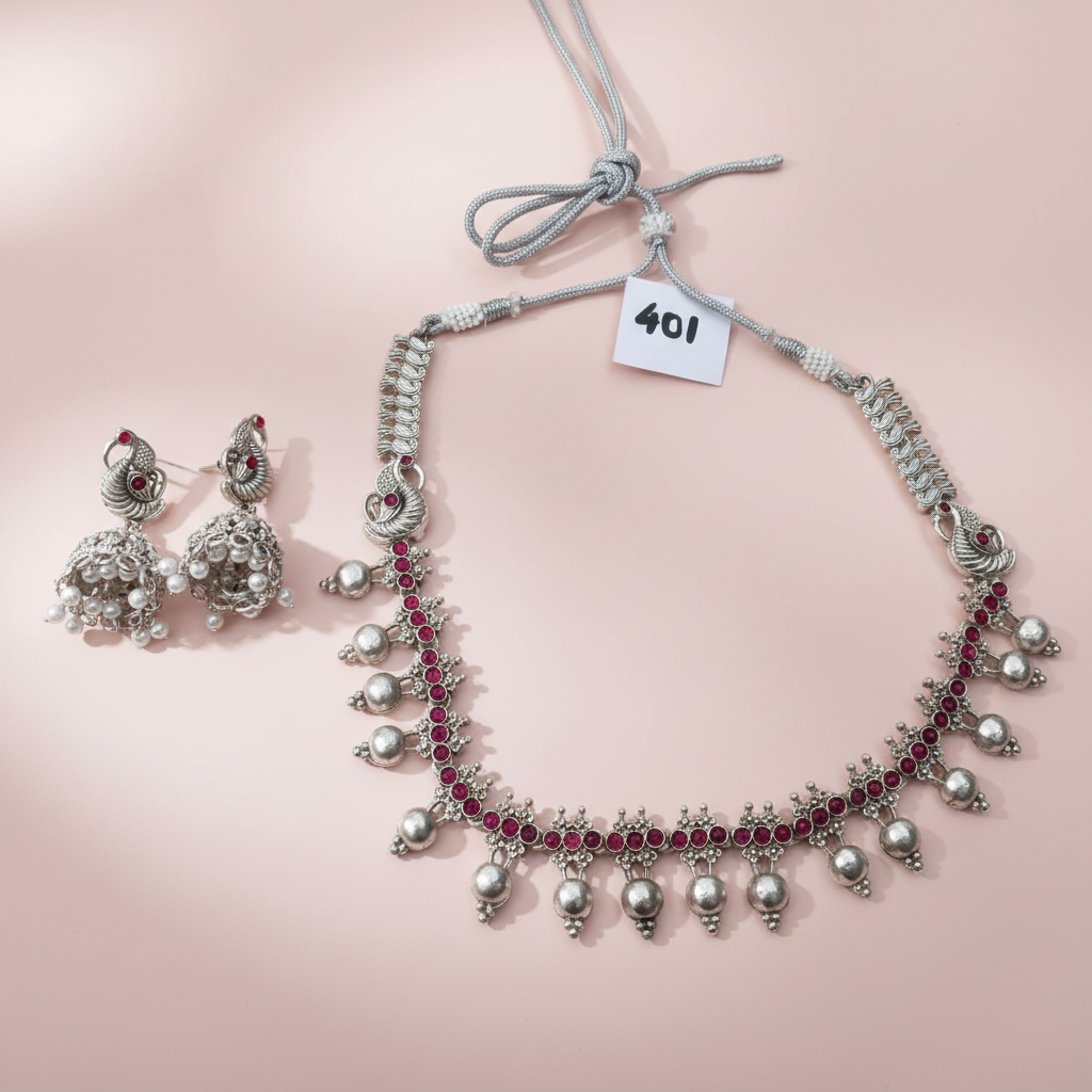Ruby Stone Oxidised Necklace 
